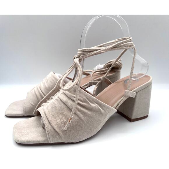 JOURNEE COLLECTION 'FELISITY' RUCHED ANKLE TIE BLOCK HEEL SANDAL LT.BEIGE 9M NEW - Picture 5 of 9